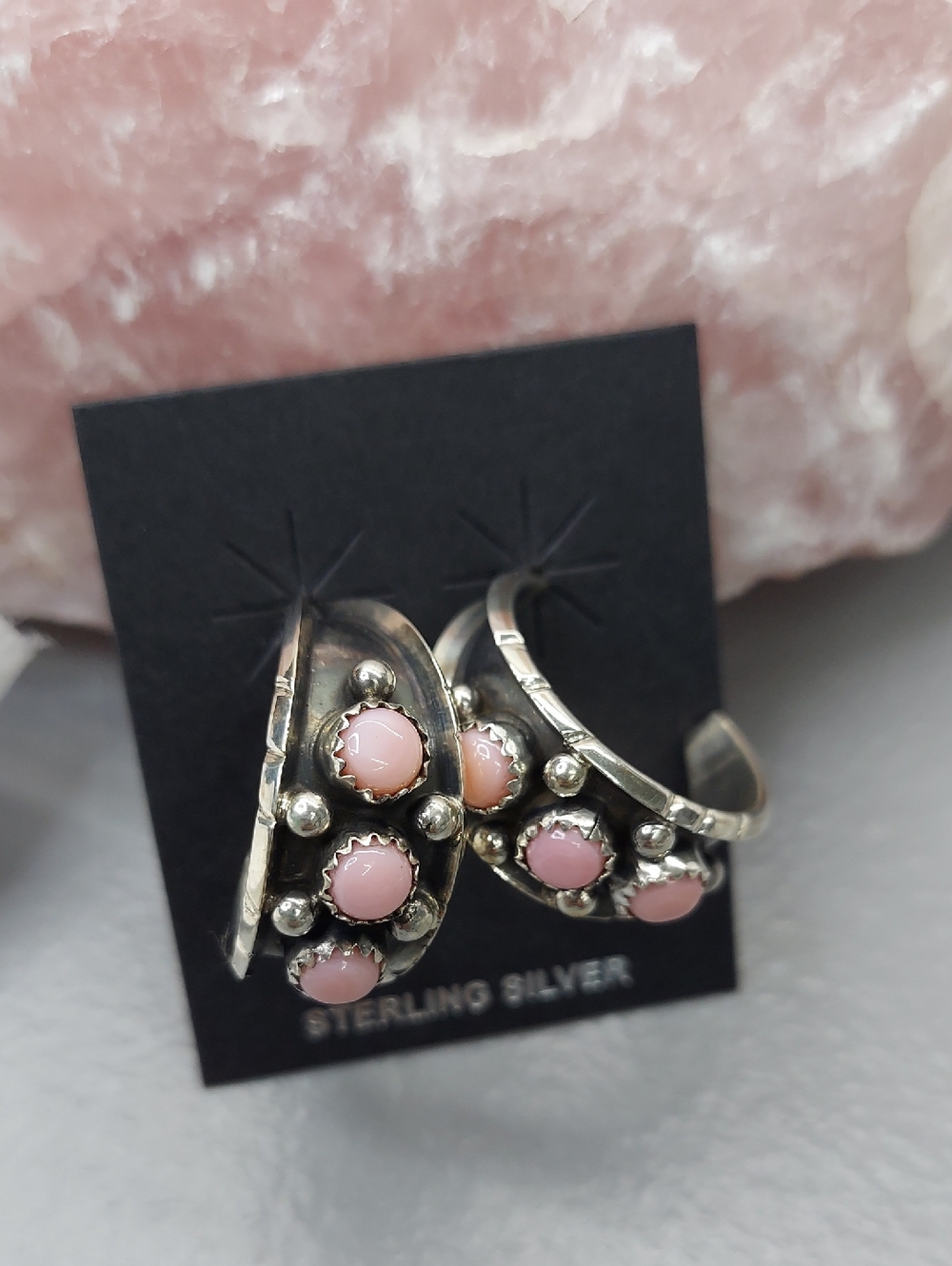 Navajo Signed Sterling Silver Pink Cabochon Hoop Earrings